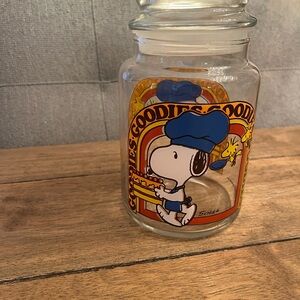 Vintage Snoopy Glass Cookie Jar with Blue and Orange Design